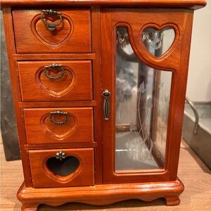 Vintage Wooden Jewelry Box Armoire Glass Door Heart 3 Drawers